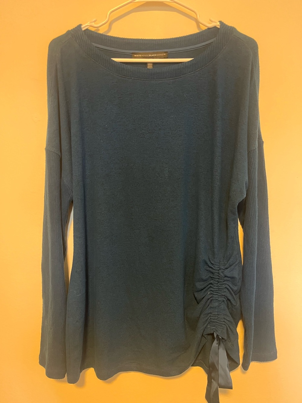 White House Black Market Teal Waffle-Knit Long Sleeve Top with Side Ruched Tie